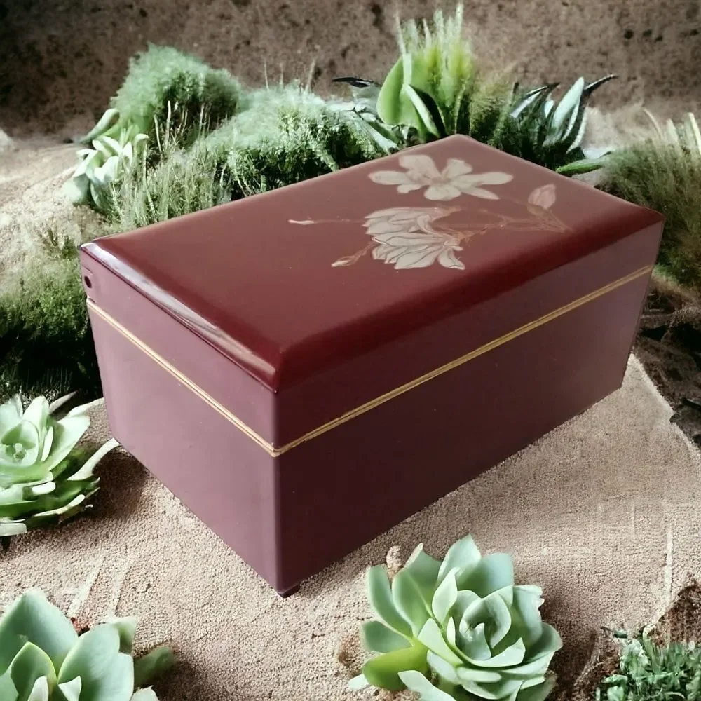 Otagiri Lacquerware Jewelry Box Magnolia Japan Musical Mirror Felt VIDEO Vtg 80s